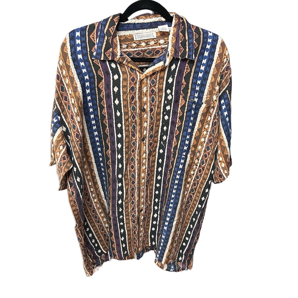 Vintage Expressions Worldwide Silk Shirt 1X  Short‎ Sleeve Artsy Retro Button Up